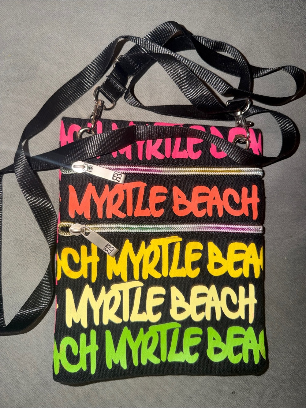 Myrtle Beach Neon Script Crossbody Bag - Black satchel long strap